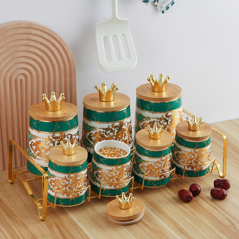 家用 置物架 盐味精罐子 北欧风创意收纳带盖密封电镀金 调味罐 简约 轻奢 厨房套装 个性 盐调料品 玻璃密封罐 收纳罐细节图