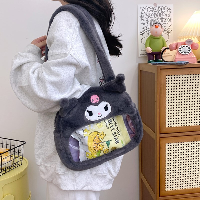 New Cartoon Strawberry Bear Capibara Transparent plush bag 2024, cute large-capacity transparent tote bag wholesale Specification drawing