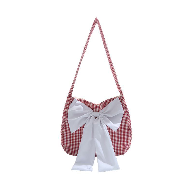 2025 New three-dimensional bow check single-shoulder bag for women's casual wear, large capacity canvas commuting underarm bucket bag Item Picture