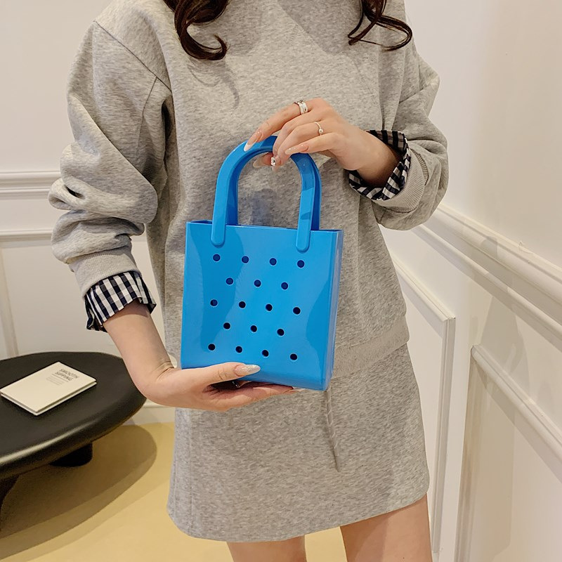 Cross-border solid color jelly bag for women 2025 new Summer hollowed-out macaron-colored beach wash basket pvc handbag Specification drawing