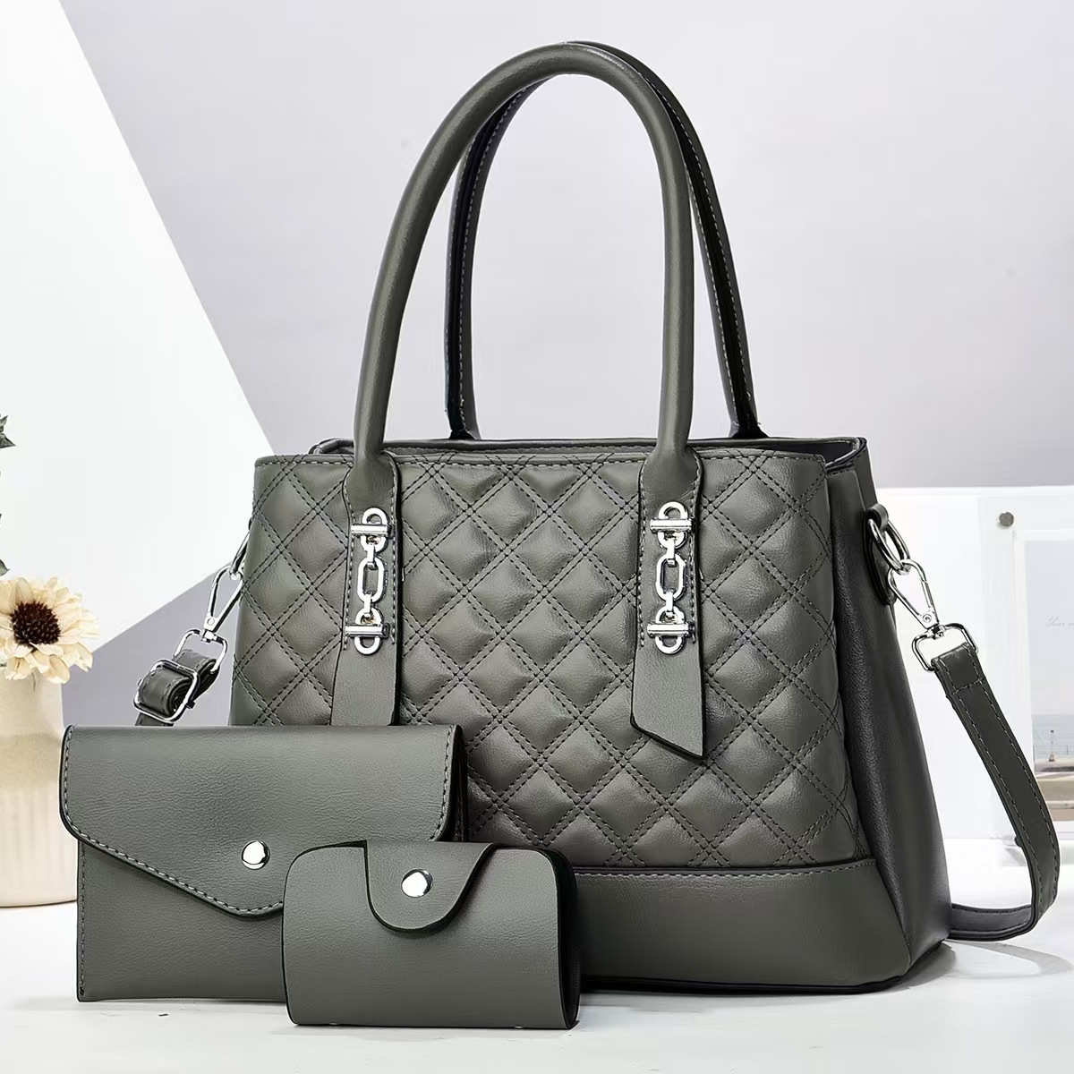 New diamond-shaped checkered mother bag three-piece set, multi-layer large-capacity fashionable handbag, cross-border versatile single-shoulder bag, crossbody bag details Picture
