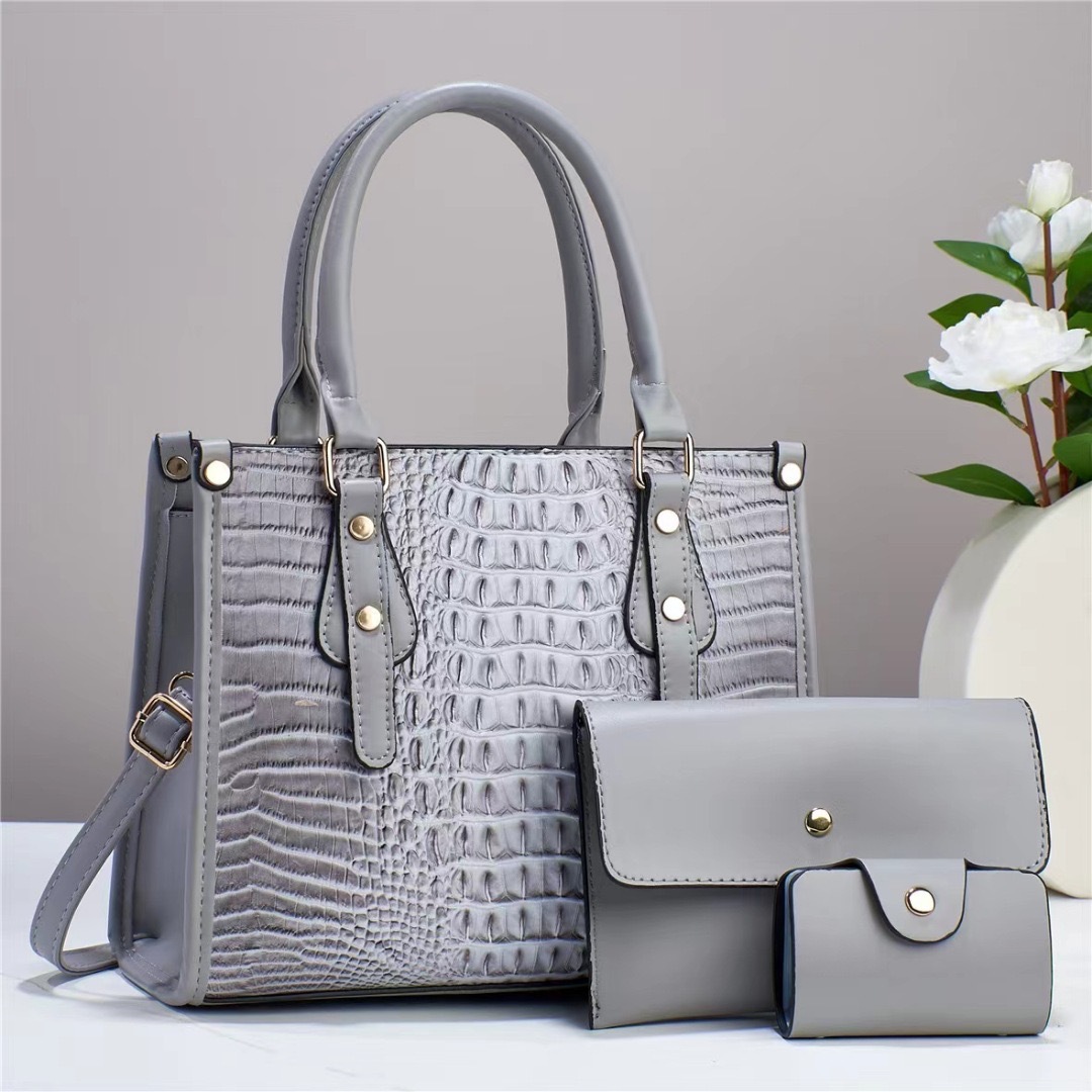 New crocodile pattern contrasting color simple texture three-piece set, large-capacity cross-border single-shoulder crossbody high-quality women's bag large bag Specification drawing