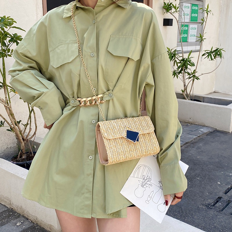 2023 Summer New fashion and trendy straw woven bag, stylish single-shoulder crossbody bag for women, Korean-style chain small square bag Specification drawing