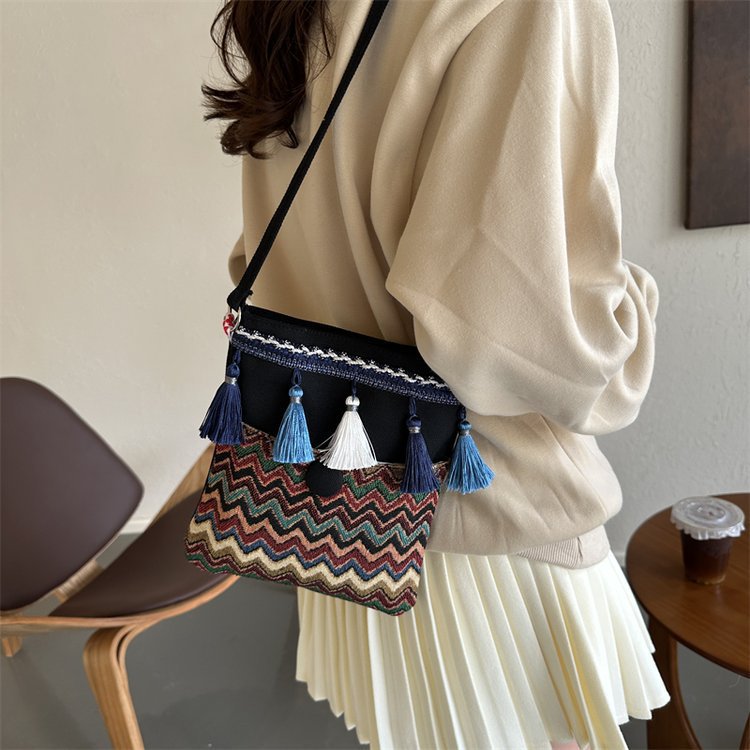 A new Bohemian embroidered tassel crossbody Hanfu bag with ethnic style for women's Spring and Autumn vacation in Yunnan, China details Picture