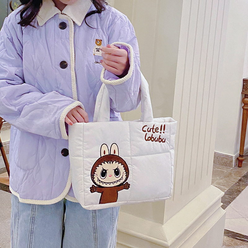 Cartoon bubble Mart down fabric hand-held bag, cute cartoon ultra-light single-shoulder tote bag, claw machine doll exchange details Picture