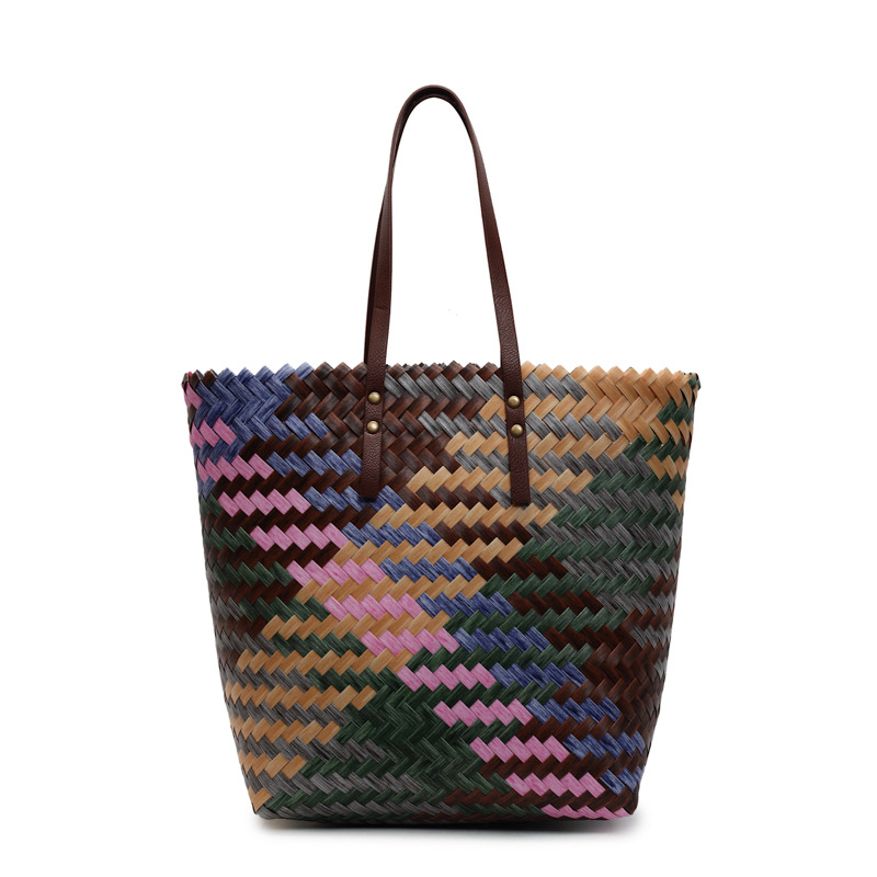 Retro woven color-blocking large-capacity shopping bag, 2025 new vacation oil painting handbag, fashionable single-shoulder tote bag Item Picture