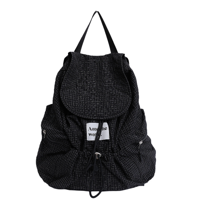 Casual large-capacity, lightweight, solid-color backpack, women's drawstring with checkered pattern, versatile, street fashion, student schoolbag Item Picture