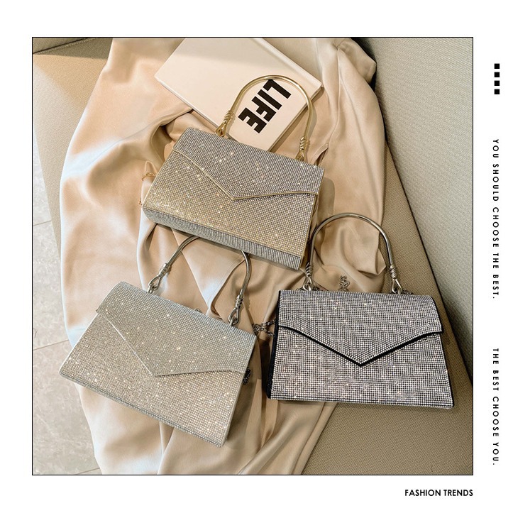 The 2025 summer new cross-border all-diamond style dinner bag is a fashionable and versatile hand-held small square bag and a light luxury single-shoulder crossbody bag full figure