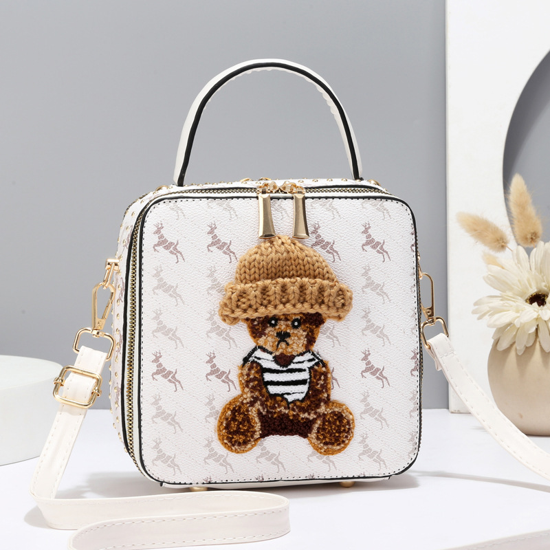 Little Bear Accessories Square Bag 2024 New Style European and American retro luggage, leather goods box bag, PVC printed women's single-shoulder bag full figure