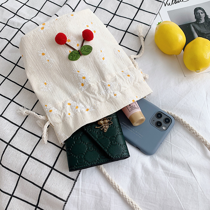 Woven cherry canvas bucket small women's bag 2020 Summer New style fashionable Korean style individual single-shoulder crossbody bag Specification drawing