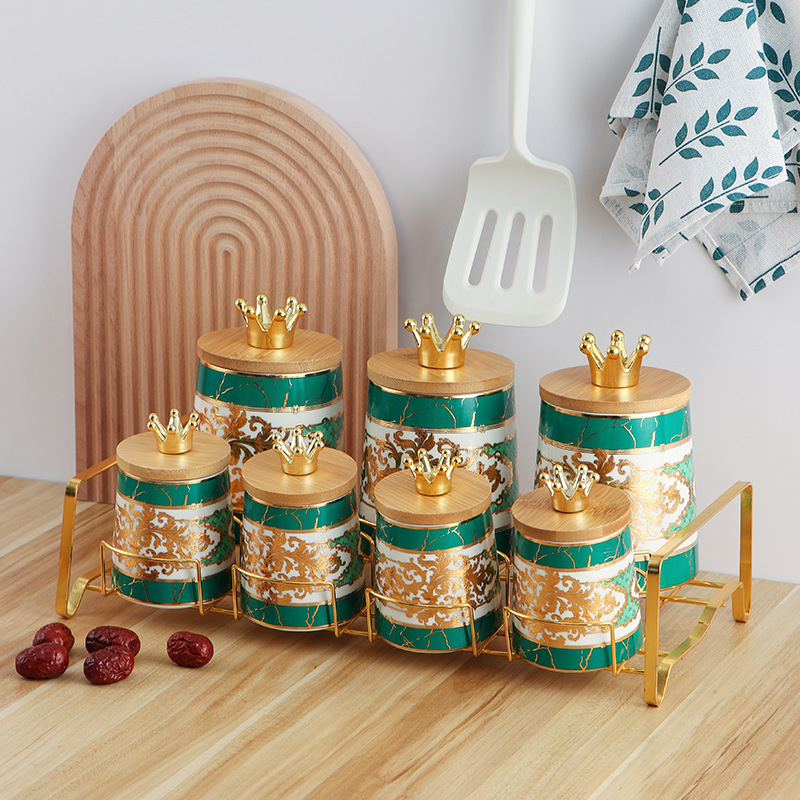 家用 置物架 盐味精罐子 北欧风创意收纳带盖密封电镀金 调味罐 简约 轻奢 厨房套装 个性 盐调料品 玻璃密封罐 收纳罐