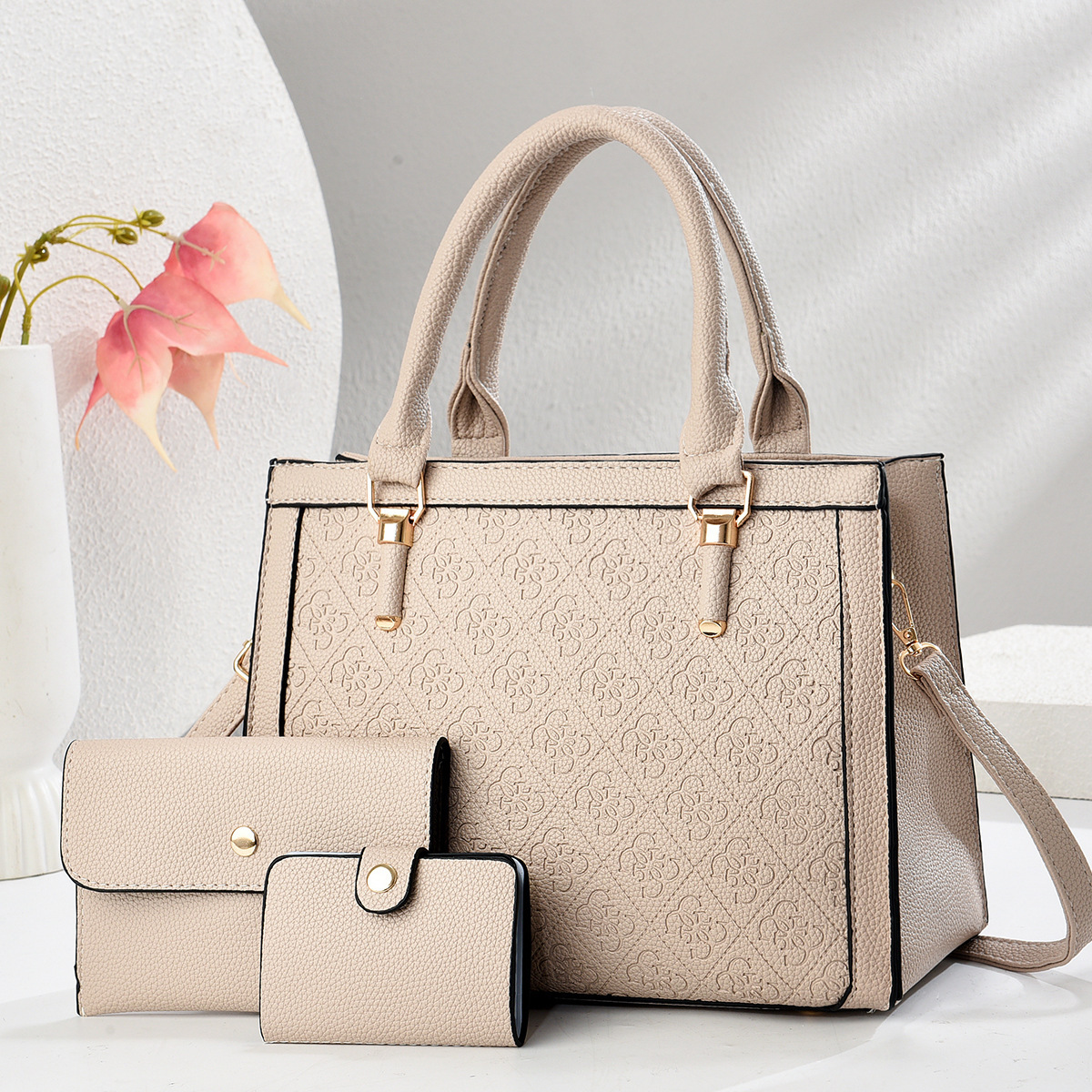 New cross-border foreign trade fashionable embossed mother and child bag three-piece set, large capacity, simple and versatile single-shoulder bag, PU trendy bag Specification drawing