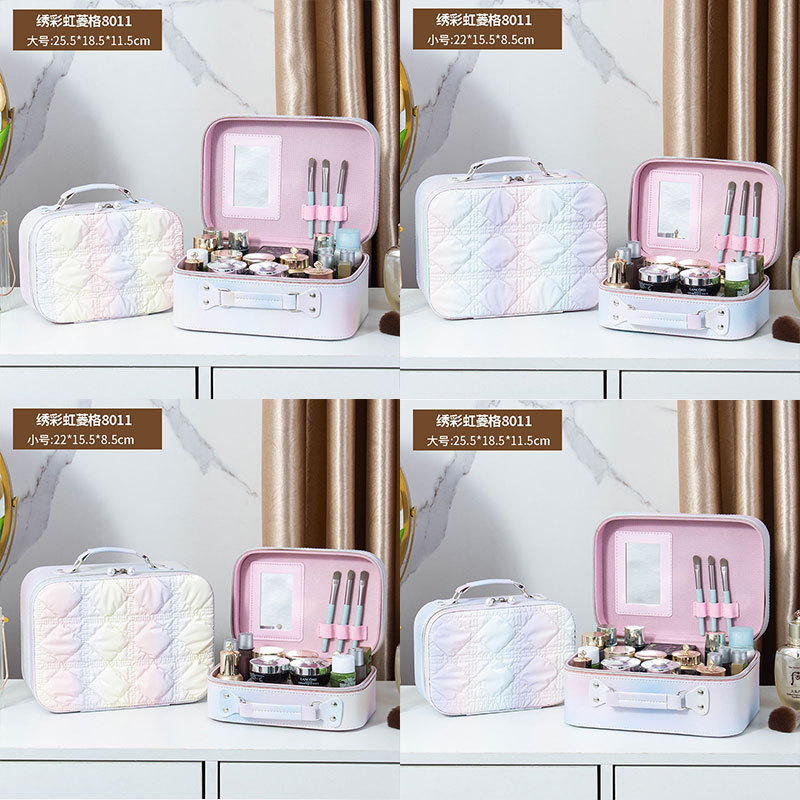 Hand-held bucket bag, large-capacity rainbow diamond-shaped makeup box, storage box, souvenir, wedding portable, household with mirror Application Scenario