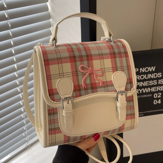 2024 New Korean-style cute girl checkered backpack, ins student small backpack, hand-held niche girl schoolbag full figure