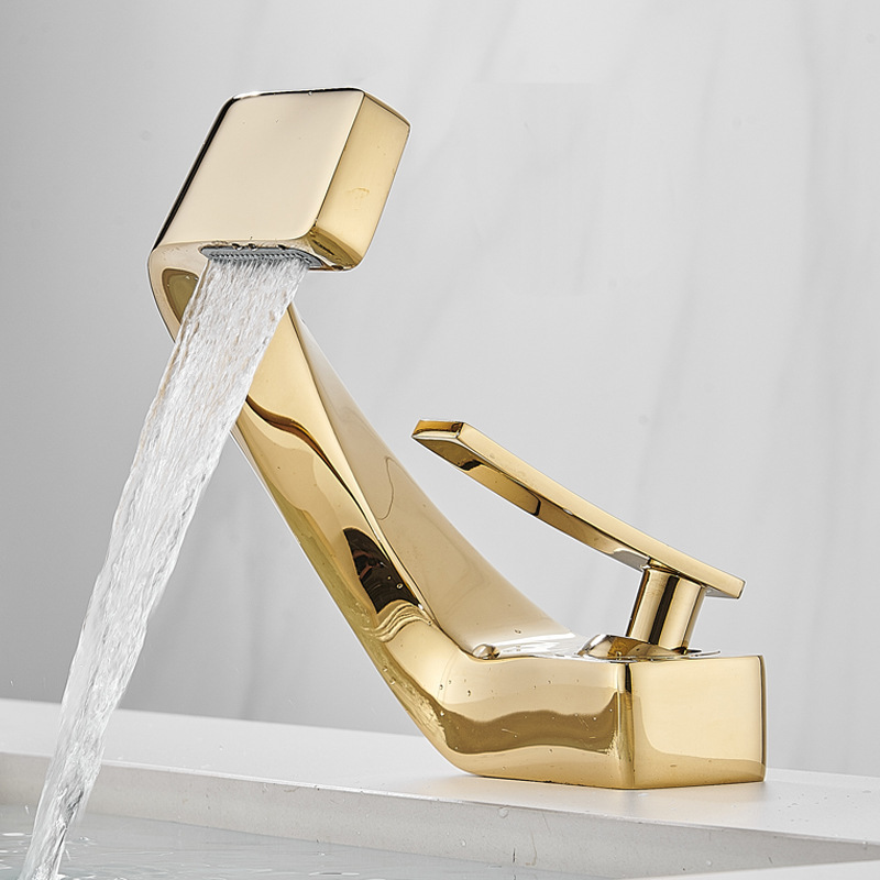 Cross-border wholesale of household all-copper bathroom washbasins, hot and cold water faucets, creative and light luxury waterfall washbasin faucets details Picture