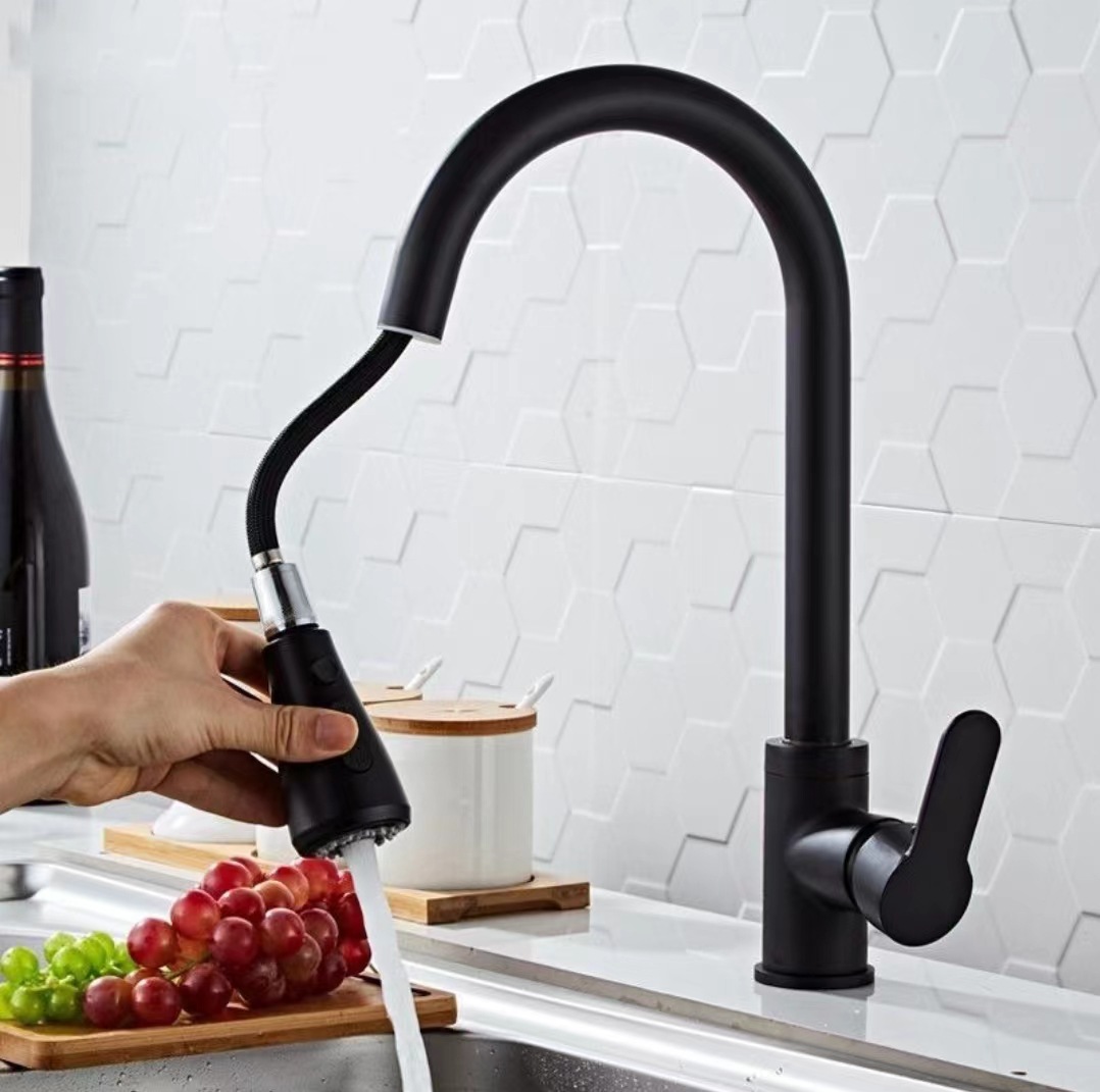 Cross-border foreign trade version 304 stainless steel brushed black flat three-way kitchen sink sink, pull-out cold and hot water faucet full figure