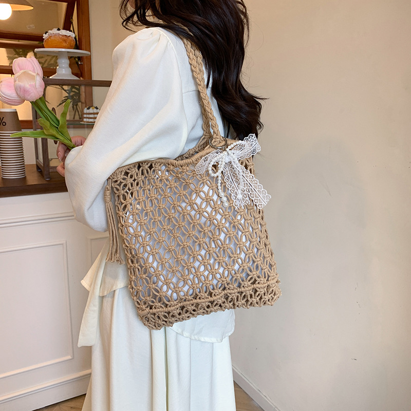 New summer 2025 seaside and beach niche design bucket bag for women, large-capacity vacation, hollowed-out straw woven single-shoulder bag Specification drawing