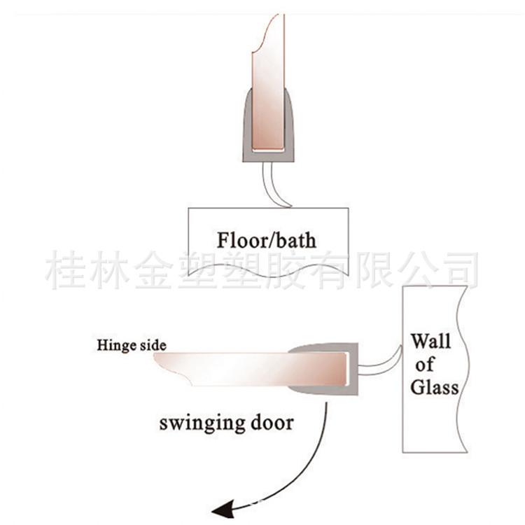 T-shaped waterproof rubber strip for bathroom glass door and Y-shaped water-tight seal for the lower stop of shower room (minimum approval: 10 meters) Specification drawing