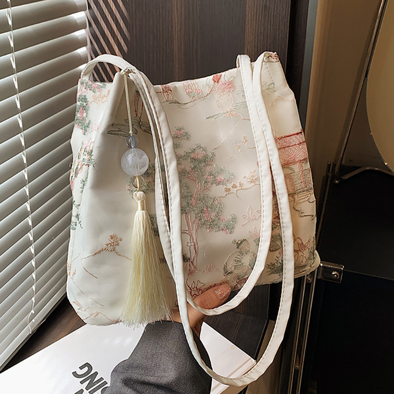 New Chinese-style crossbody bag for women, 2024 new trendy casual and fashionable single-shoulder bag, fabric bag, popular bucket bag full figure