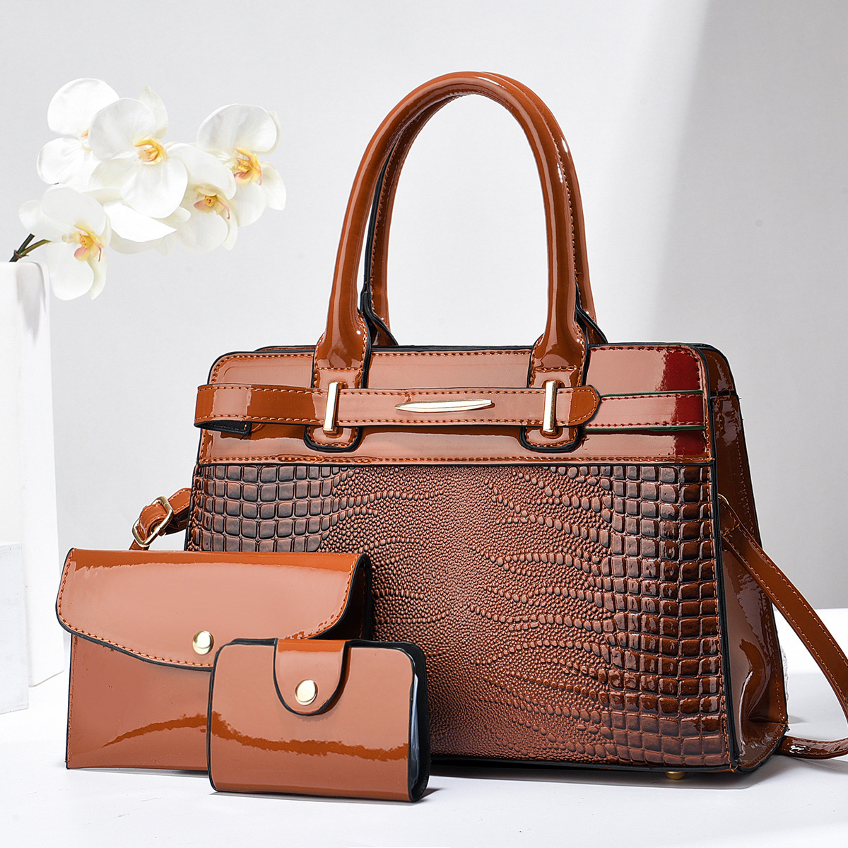 Cross-border shiny leather three-piece set mother and child bag, foreign trade women's bag 2024 new large-capacity fashionable crossbody single-shoulder handbag full figure