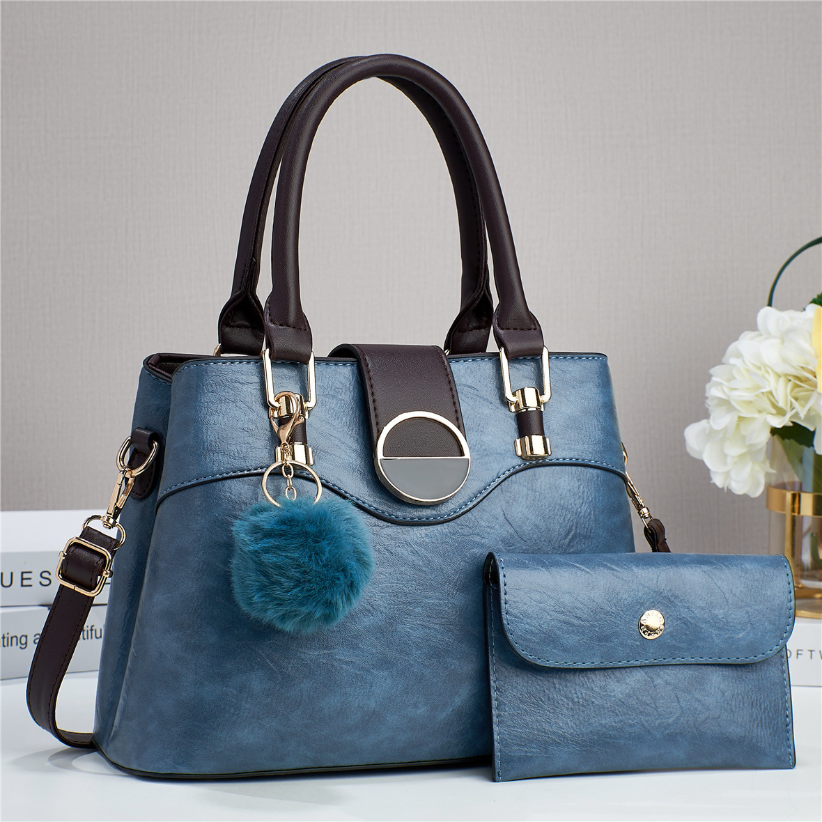 Cross-border spliced mother-and-child bag 2024 new style retro material simple solid color large-capacity single-shoulder hand-carry women's bag, texture bag full figure