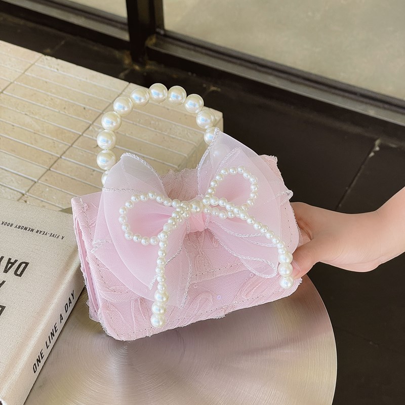 New foreign trade lace flower girls' single-shoulder crossbody bag, fashionable pearl bow children's bag, cartoon coin purse full figure
