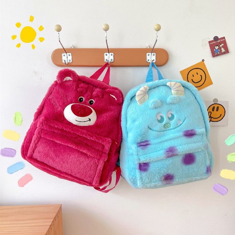 Cartoon strawberry bear Sullivan three-dimensional funny large-capacity schoolbag, cute and girlish plush backpack, versatile girls' bag full figure