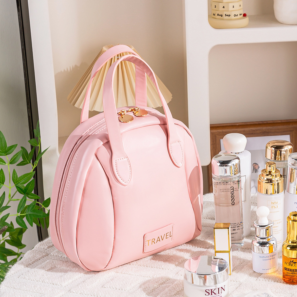 New organ shell cosmetic bag, large-capacity PU hand-held multi-layer toiletry bag, large-opening travel portable storage bag details Picture