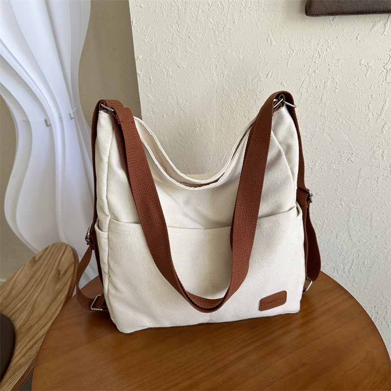 Retro canvas bag, female tote, college student computer, simple handbag, texture crossbody bag, commuting zipper handbag full figure