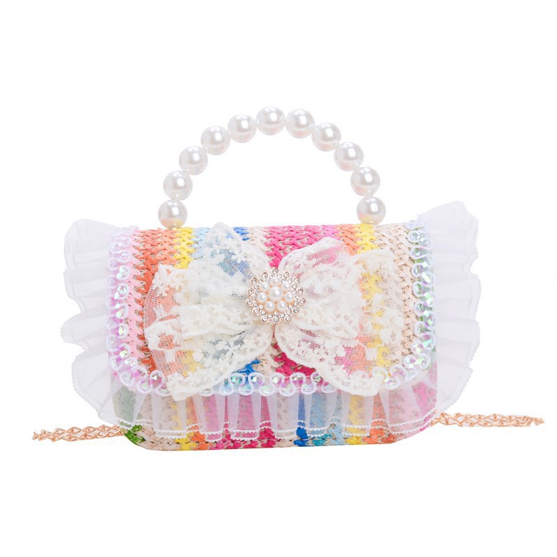 2025 New style girl gift for kindergarten Children's Day: Pearl bow, straw-woven hand-held bag, crossbody Item Picture