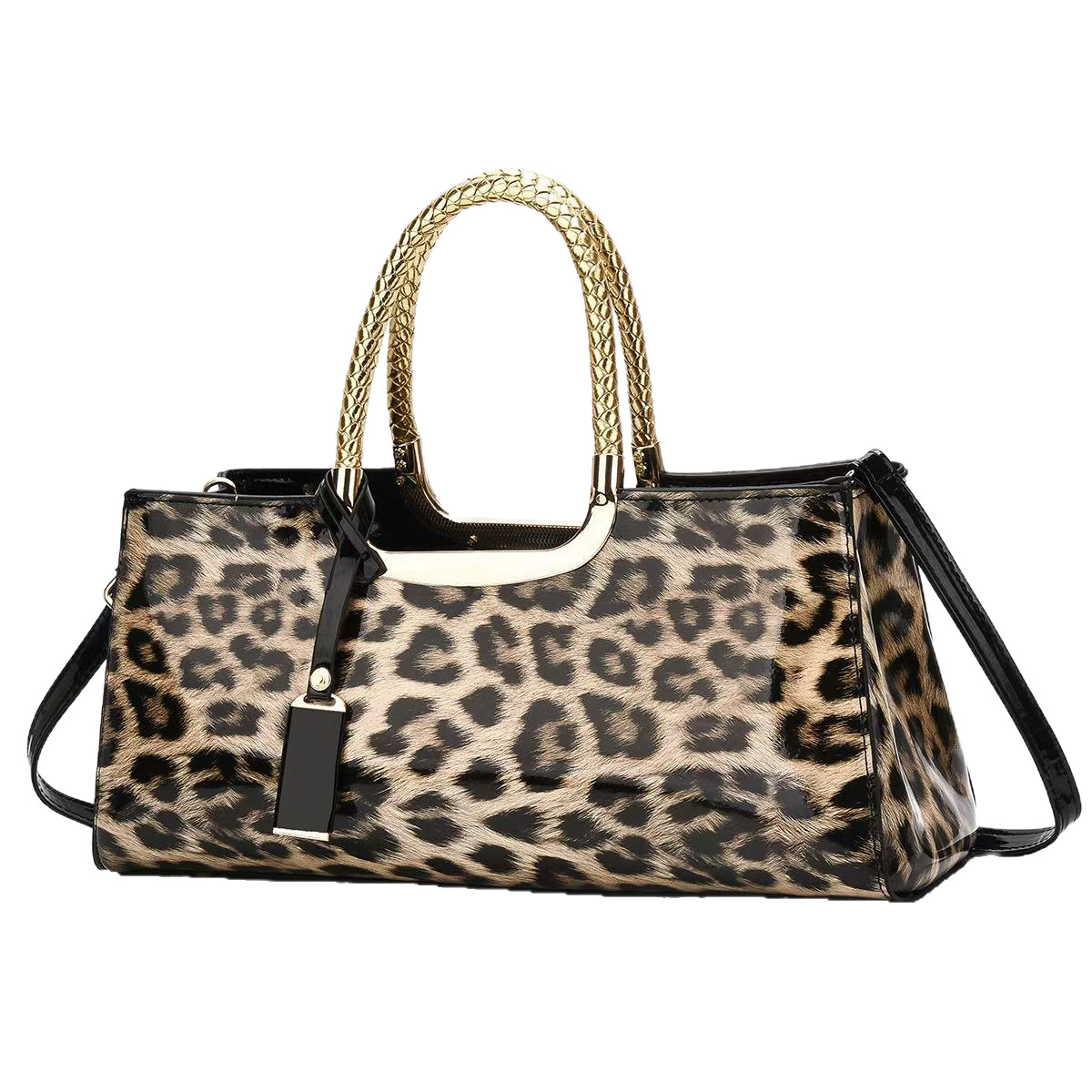 Leopard print stylish evening handbag, 2025 new large-capacity Boston bag, women's single-shoulder bag, embossed shiny leather, slanted Item Picture