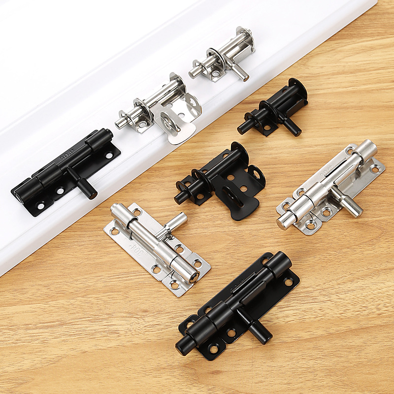 The door is a thickened 304 stainless steel latch with lock holes, a wooden door lock, a sliding door, and a stainless steel door bolt details Picture