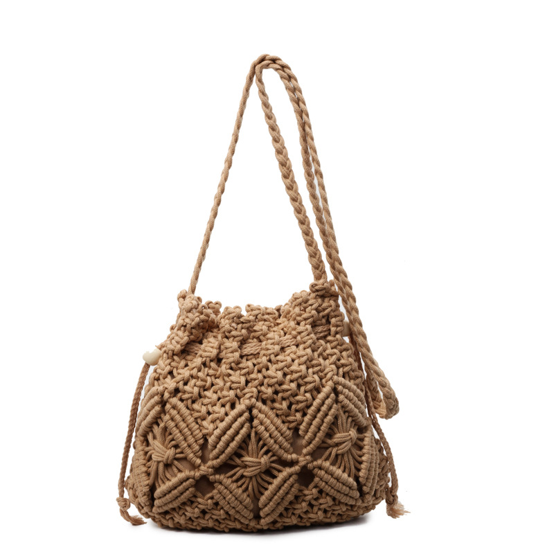 Woven cotton rope bag for women's summer, 2025 new fashion and niche design, crossbody bucket bag, hollowed-out beach bag Item Picture