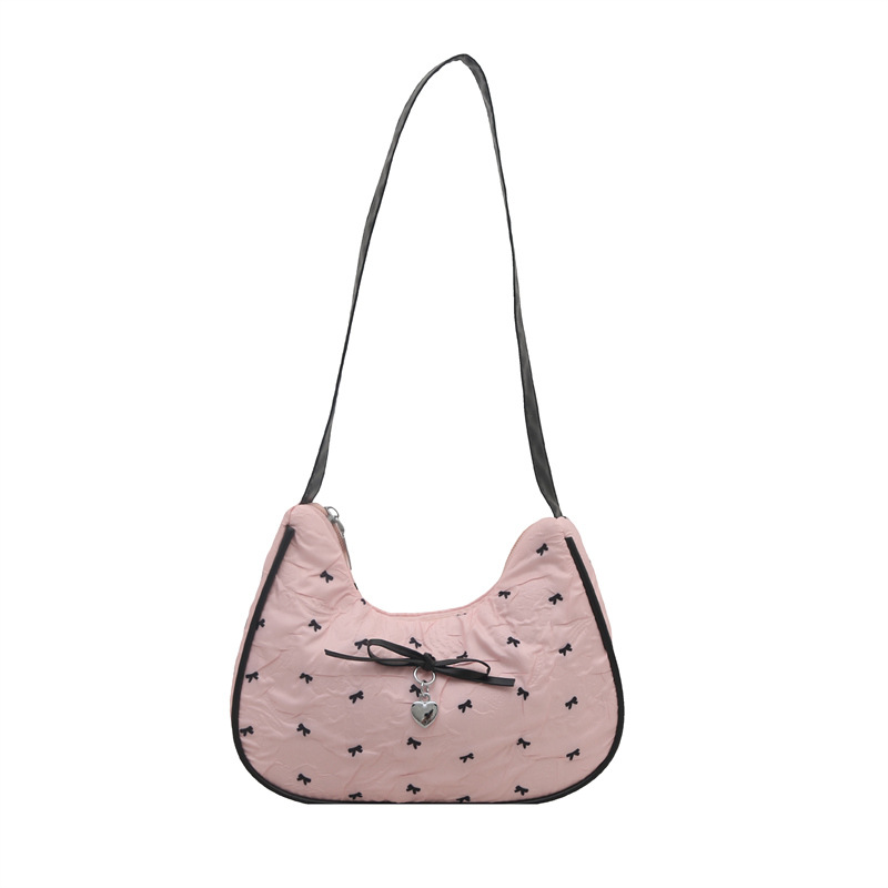 Korean-style sweet peffle-knit bow underarm bag, a high-end women's black and pink color contrast single-shoulder crossbody bag for commuting Item Picture