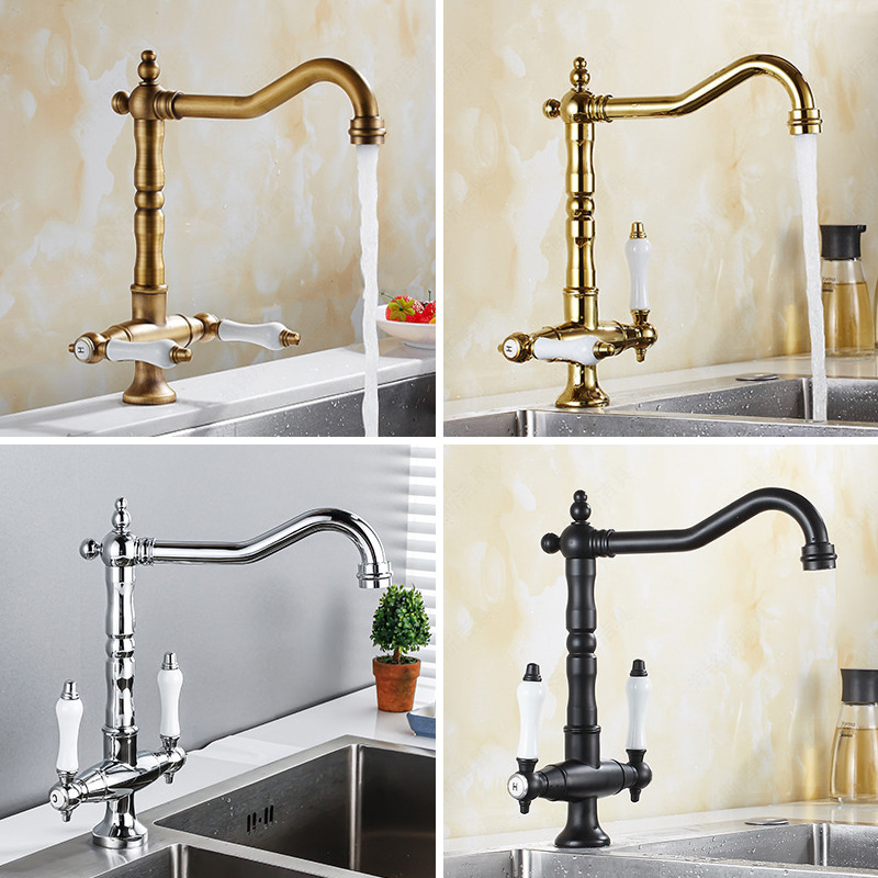 French retro double-handle faucet, brass hot and cold splash-proof household washbasin faucet, spray gun set details Picture