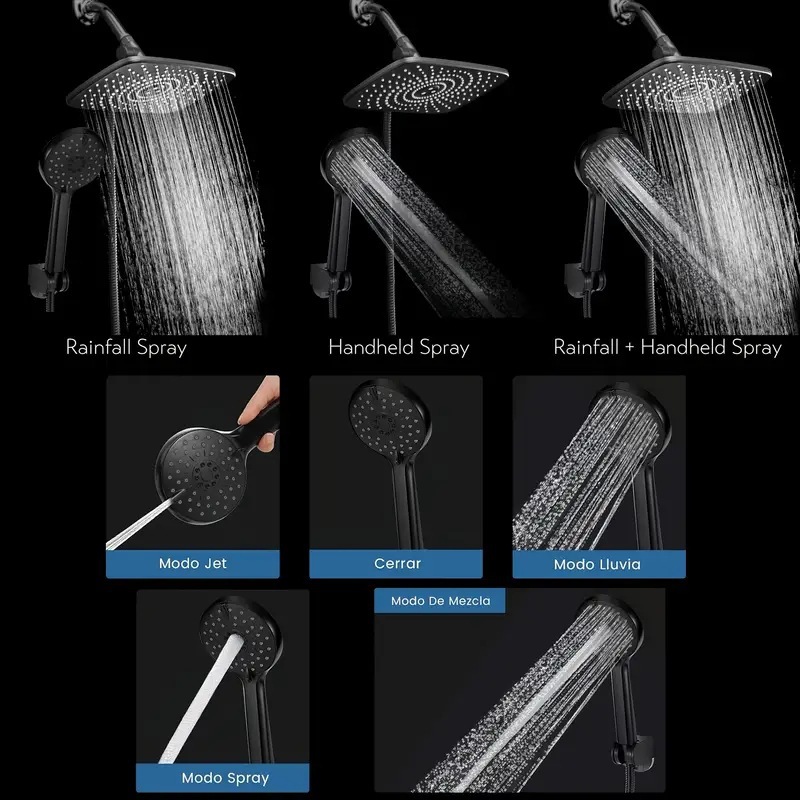 Xiamen Senrui American handheld showerhead set, five-speed with three-way extension rod hose, black pressurized showerhead top spray Specification drawing