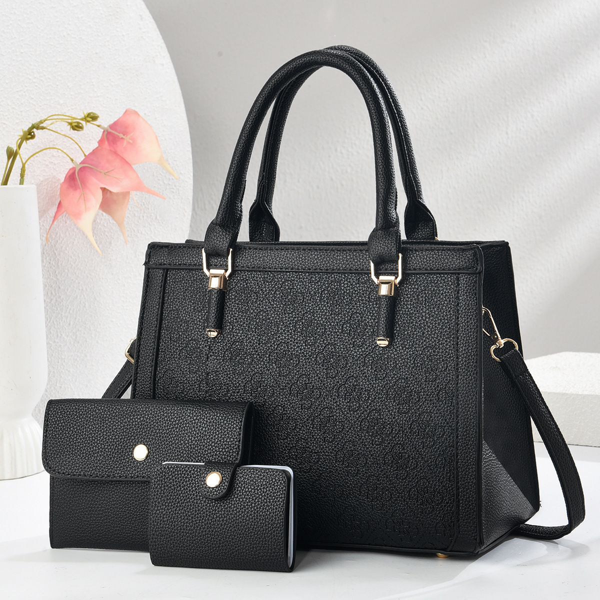 New cross-border foreign trade fashionable embossed mother and child bag three-piece set, large capacity, simple and versatile single-shoulder bag, PU trendy bag full figure