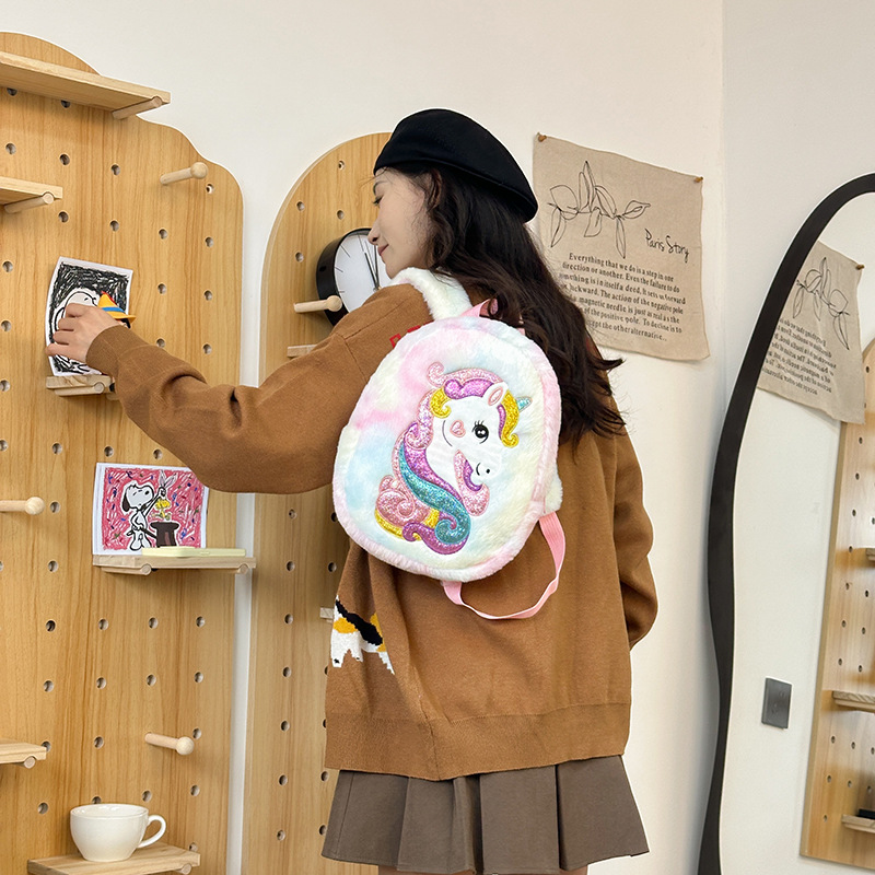 Cartoon unicorn fleece backpack, a cute and large-capacity backpack for children's kindergarten classes, a travel backpack for outings Application Scenario