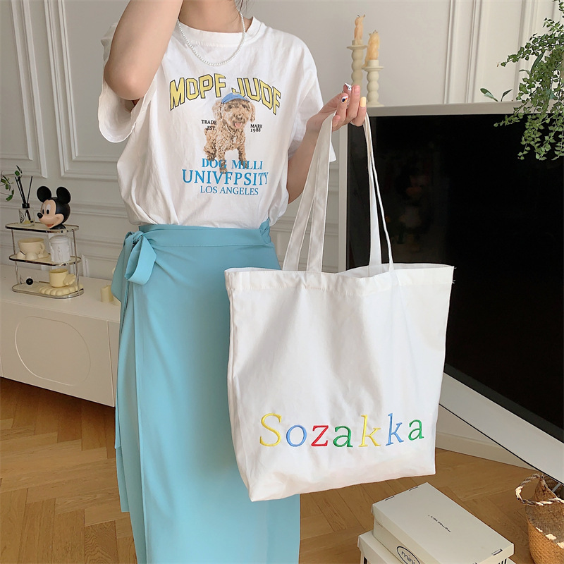 35246 canvas bag, summer embroidered letter, large capacity tote, ins, student book, class bag, hand-held full figure
