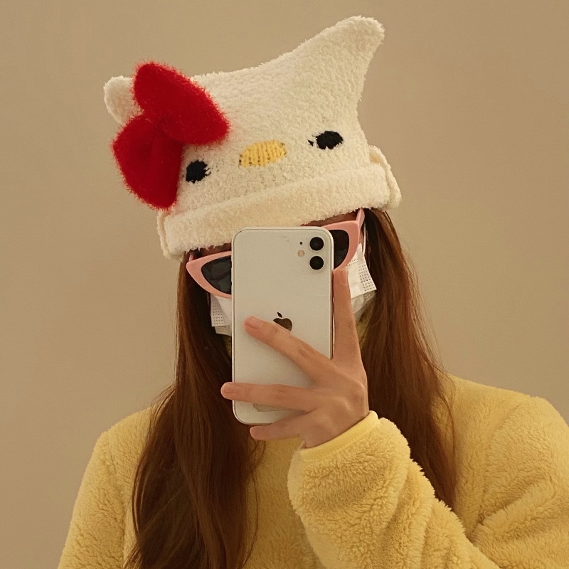 Cute cartoon plush pullover hat for women 2024, a new Japanese style autumn and winter warm bow rolled-up ear cap Specification drawing