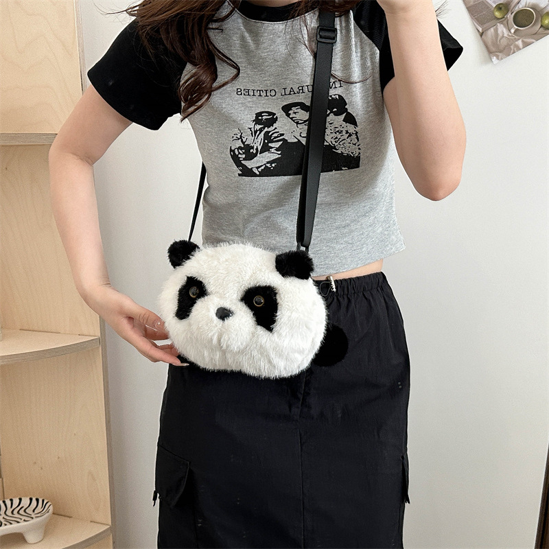 New cartoon panda bag 2024, cute single-shoulder double-back crossbody bag, mink fur backpack, claw machine doll exchange details Picture