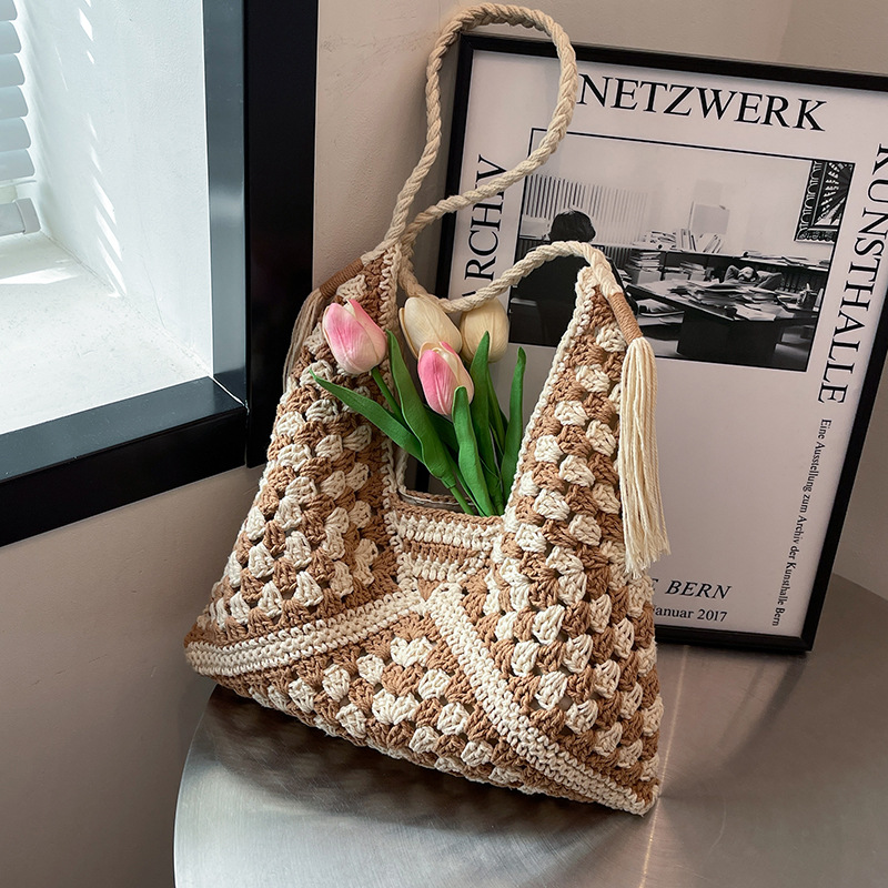 Large-capacity woven bag for women, 2025 new style seaside vacation straw woven bag, casual and versatile commuting single-shoulder tote bag Specification drawing