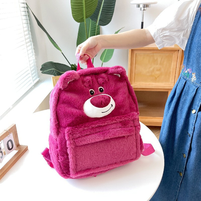 Cartoon strawberry bear Sullivan three-dimensional funny large-capacity schoolbag, cute and girlish plush backpack, versatile girls' bag Application Scenario