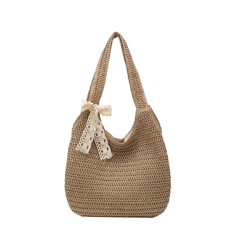 ins simple and versatile straw woven bag, solid color large capacity hand-crocheted woven bag, single-shoulder hand-carry beach bag Item Picture