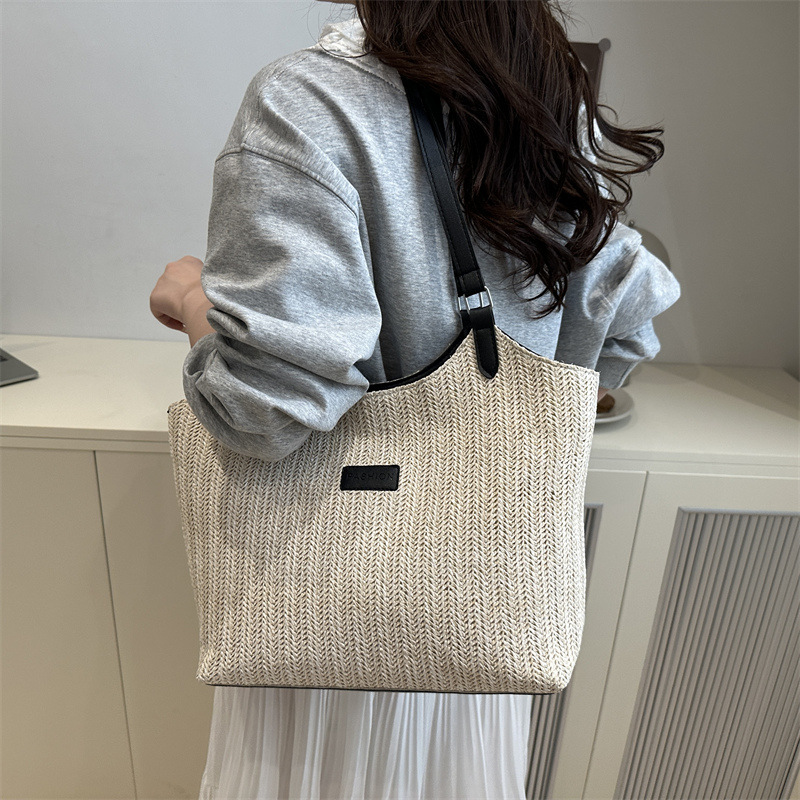 Woven straw bag for women, large capacity 2025 new summer Korean-style single-shoulder bag, textured tote bag for commuting to school Specification drawing