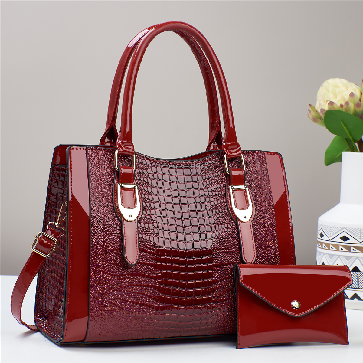 Two-piece crocodile print bag, 2024 new style fashionable women's bag, commuter handbag, large capacity, crossbody bag Specification drawing