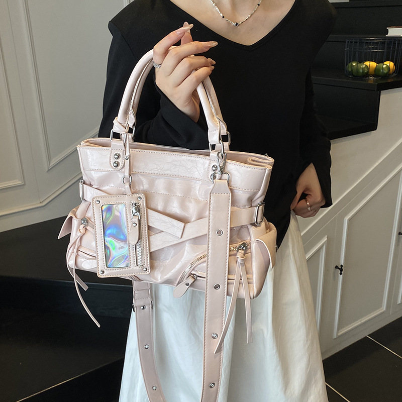 2025 Summer new style motorcycle bag, rivet handbag, personalized single-shoulder bag, large-capacity tote bag, trendy crossbody bag for women details Picture