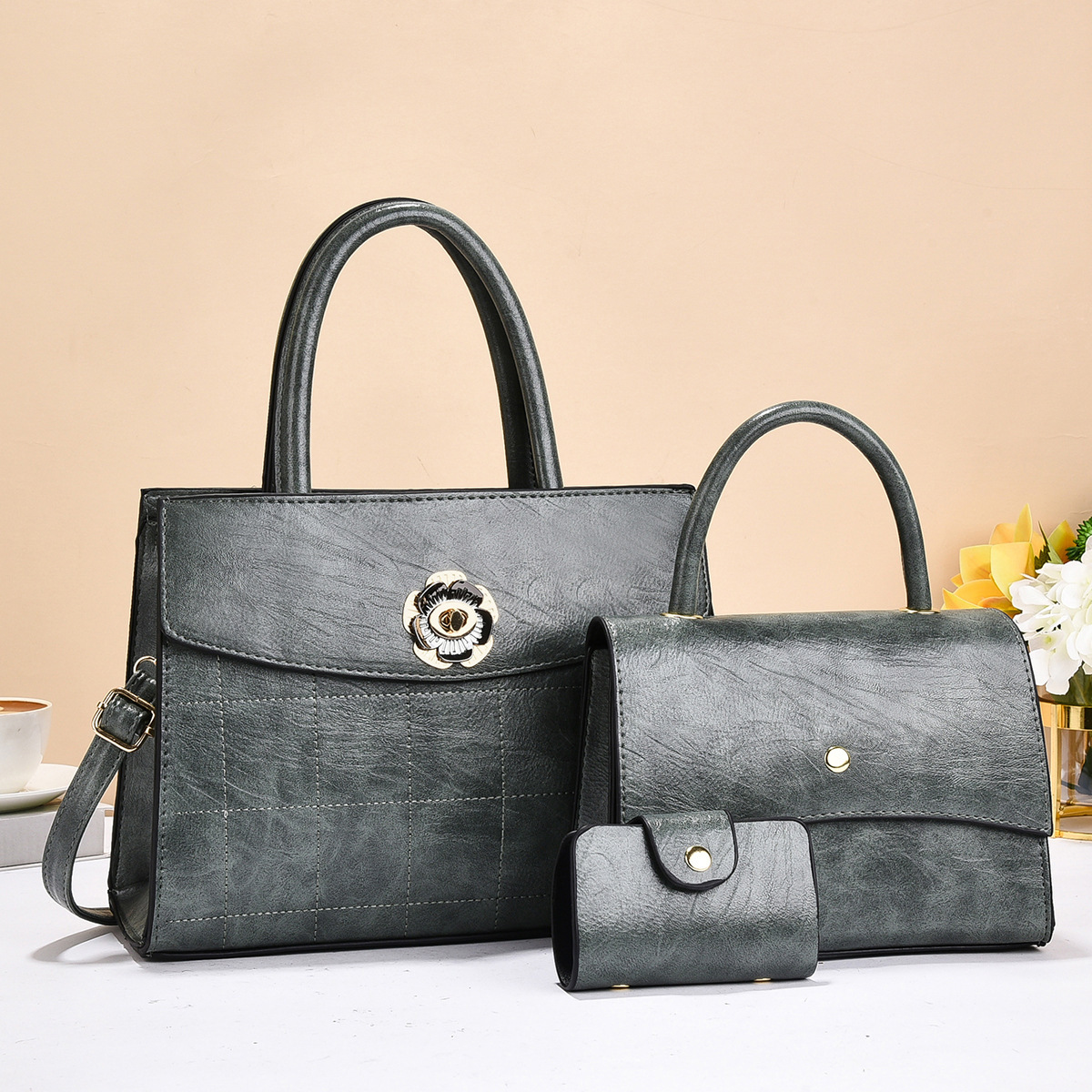 Cross-border three-piece set, European and American style handbag, high-quality bag, embroidered thread, high-end feel, ladies' bag, single-shoulder crossbody details Picture
