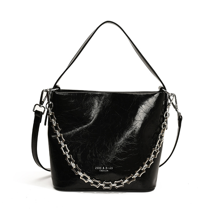 High-end oil wax leather bag for women, 2024 new style fashionable carrying bag, single-shoulder crossbody bag, casual bucket bag Item Picture