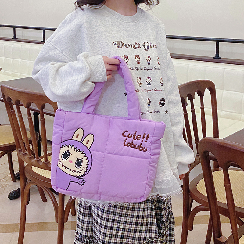 Cartoon bubble Mart down fabric hand-held bag, cute cartoon ultra-light single-shoulder tote bag, claw machine doll exchange Specification drawing